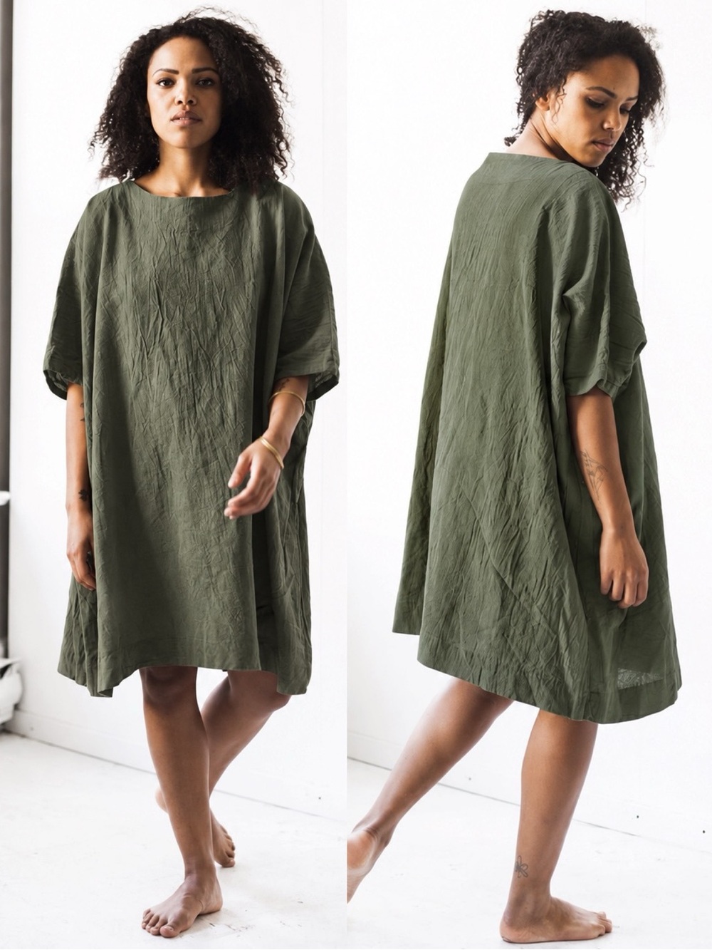 UZI NYC Solid Coarse Cotton Box Dress Green